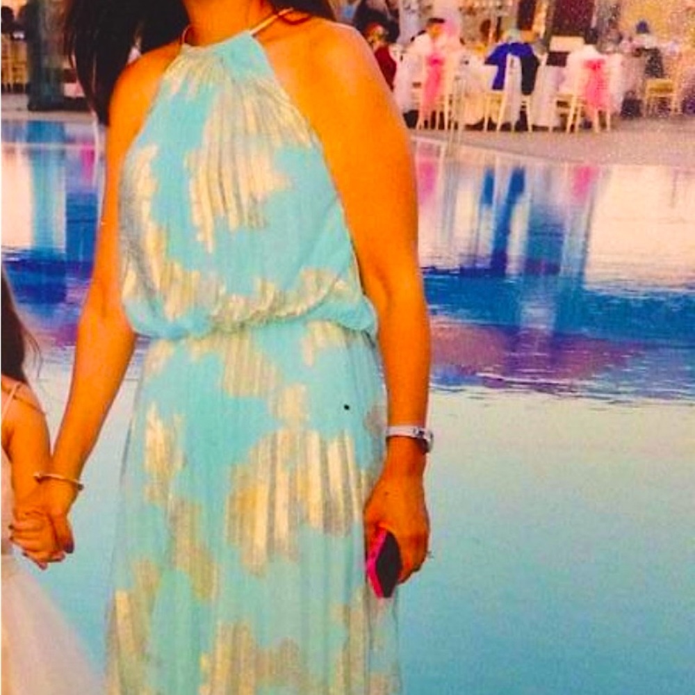 Babyblue & Gold Maxi dress.special occasion.Foiled Pleated Jersey Blouson Dress